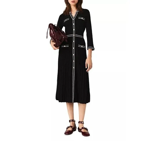 Maje Knit Midi Dress Contrast Trim Pleated Skirt Black White Office Classic $480 - Picture 15 of 15